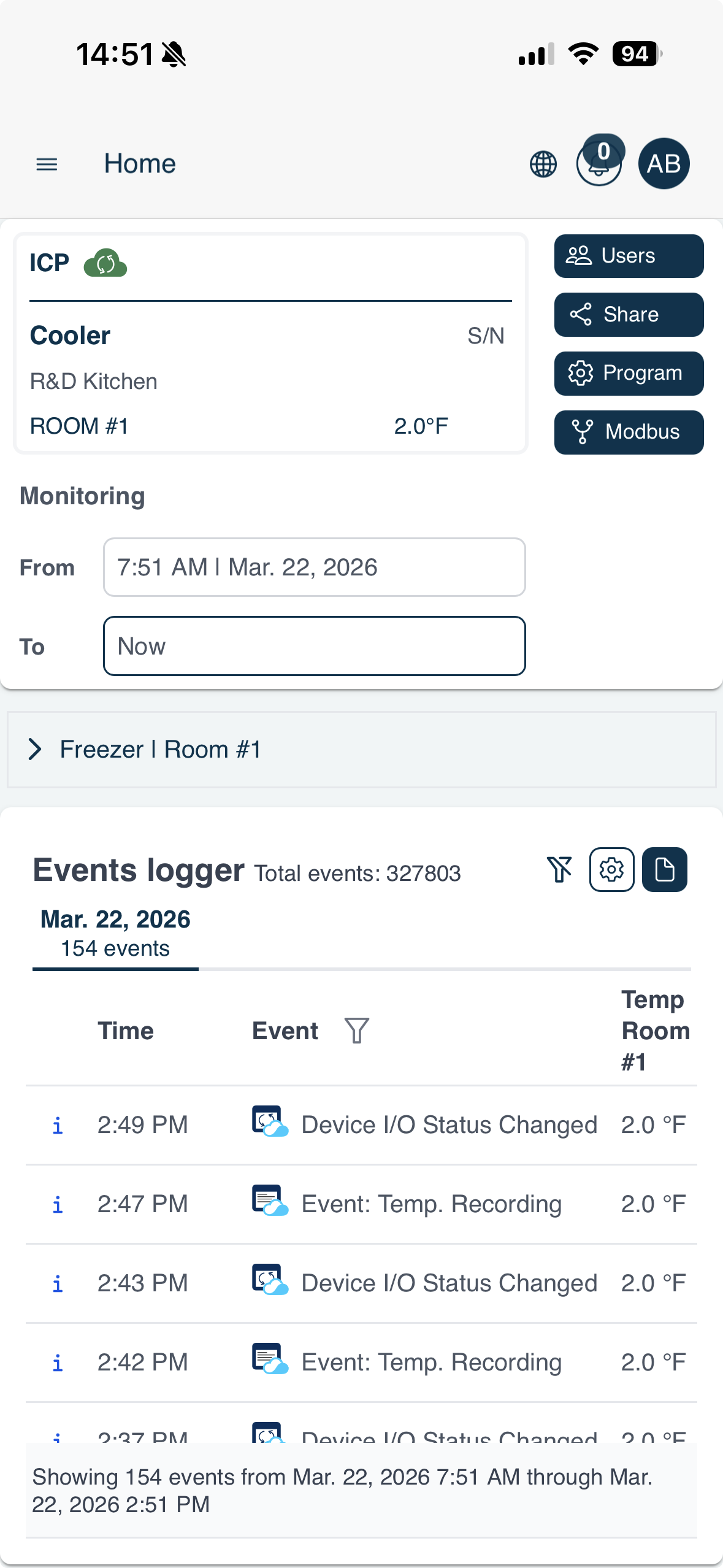 foodsafe.cloud mobile app showing device monitoring
